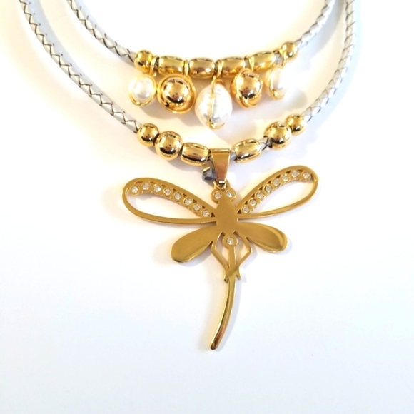 Silver Leather Braided Cord Double Layer Necklace w/ Butterfly - Picture 4 of 6